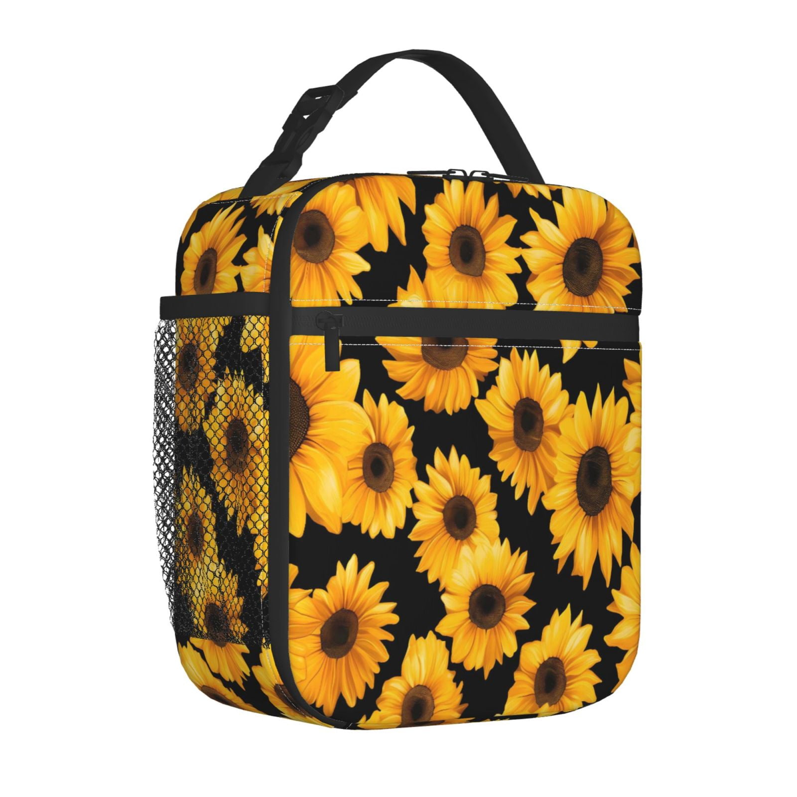 Lunch Bag For Women Men Insulated Portable Lunch Box Bento Box Office Picnic Travel Cooler Bag Sunflower On A Black Background