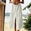 thumbnail image 7 of Womens Elastic High Waist Tiered Ruffle Midi Skirt Front Split Button Down Solid Boho Long Skirt for Summer Casual Wear White S(S), 7 of 7