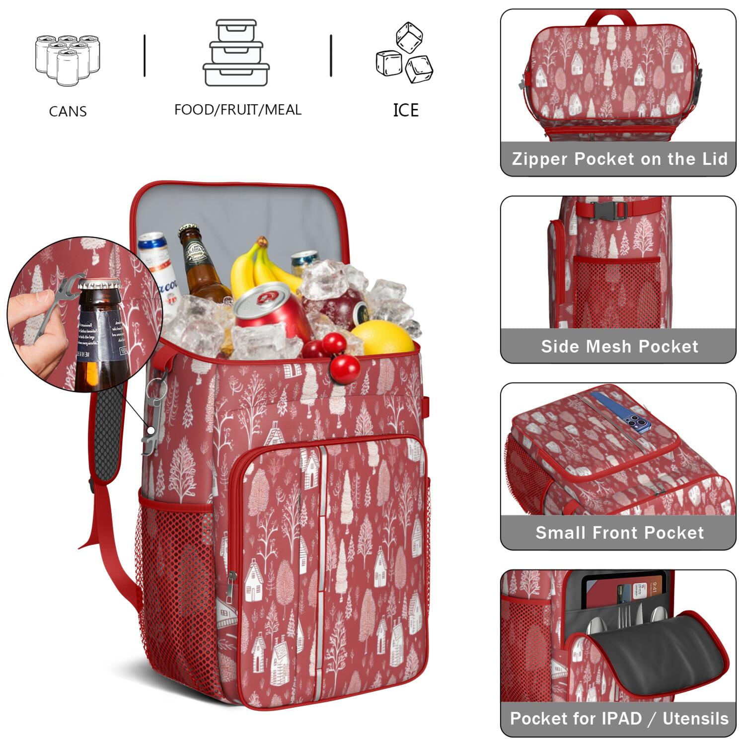 Travel Cooler Bag - Red Christmas Village Pattern Camping Beer Cooler Backpack with Bottle Opener- Waterproof Insulated Picnic Backpacks - Cooler Bag for Beach
