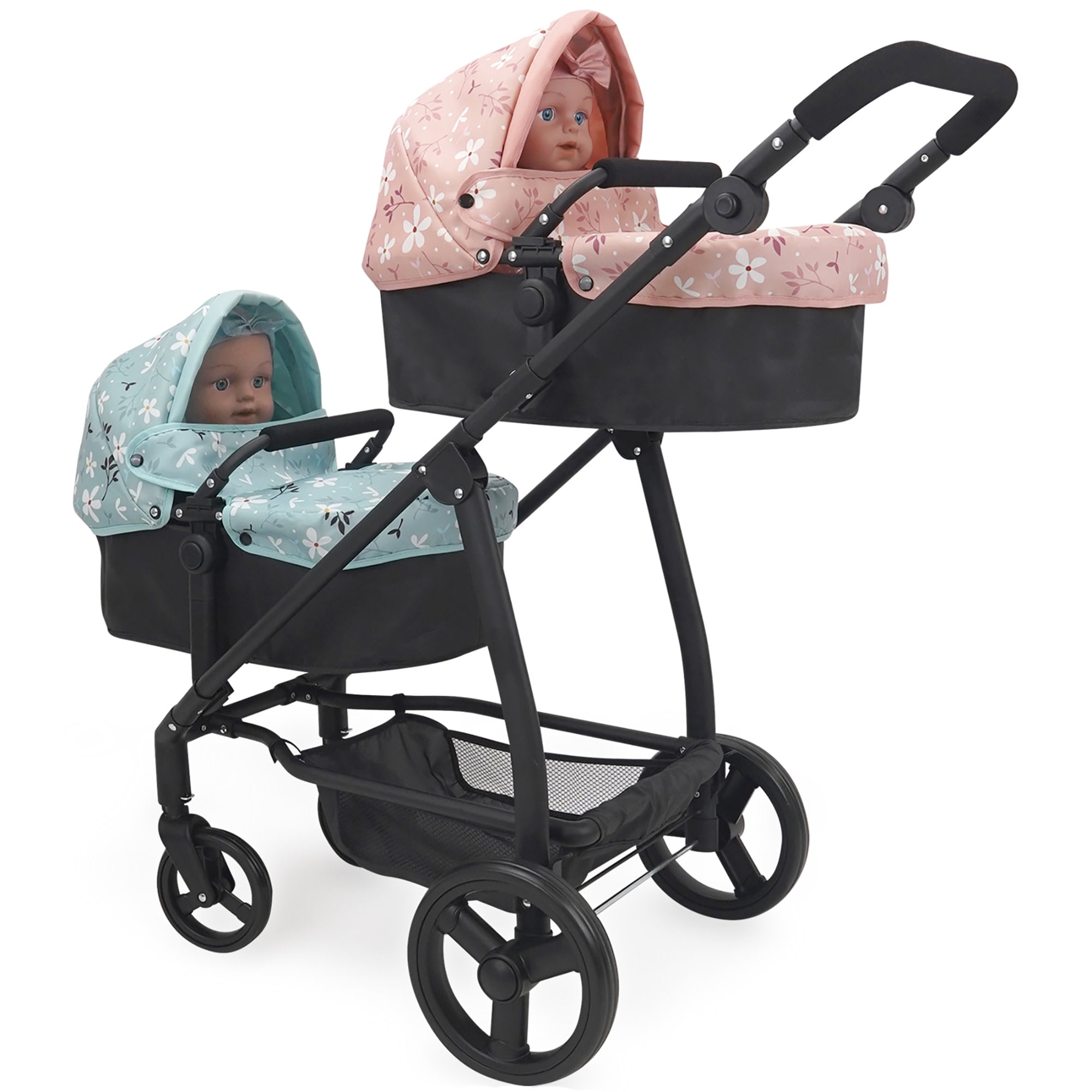 509 Crew: Springtime - Deluxe City Twin Stroller & Baby Dolls Set - Black & Flowers, Pink-Blue Outfits, Converts To Jogger & Push Pram, Toy, Kids 3+