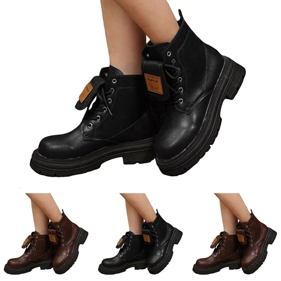 Dakaela Lace up Combat Boots Womens Chunky Platform Fashion Ankle Booties Chunky Heel Lug Sole Slip on Winter Shoes Black 6.5