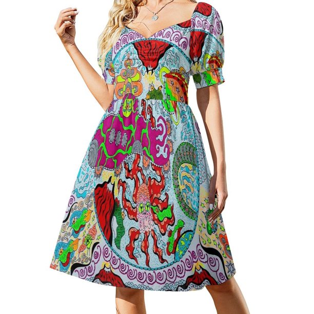 Vestido de manga corta con efecto supervolcánico, ropa femenina, ropa de mujer, vestidos casuales
