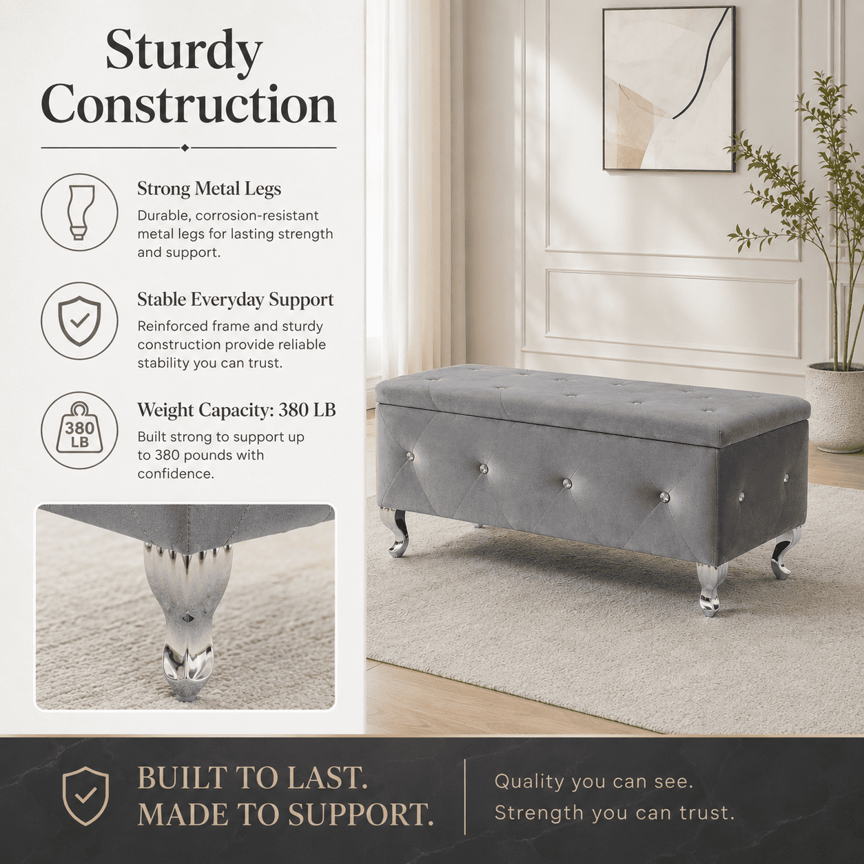 Aukfa 38" Upholstered Storage Ottoman Bench with Hidden Storage, Crystal Tufted Velvet Bed Bench, 380 lb, Gray