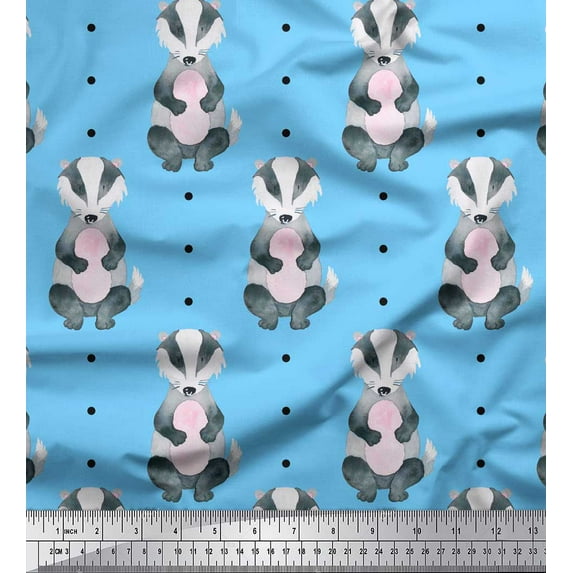 Soimoi Blue polyester Crepe Fabric Dots & Raccoon Animal Print Fabric by the Yard 52 Inch Wide