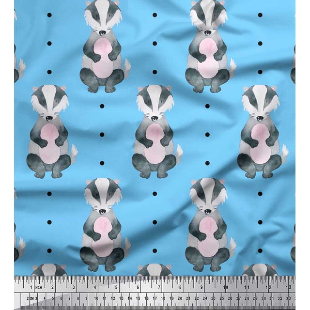 Soimoi Blue polyester Crepe Fabric Dots & Raccoon Animal Printed Fabric 1 Yard 42 Inch Wide