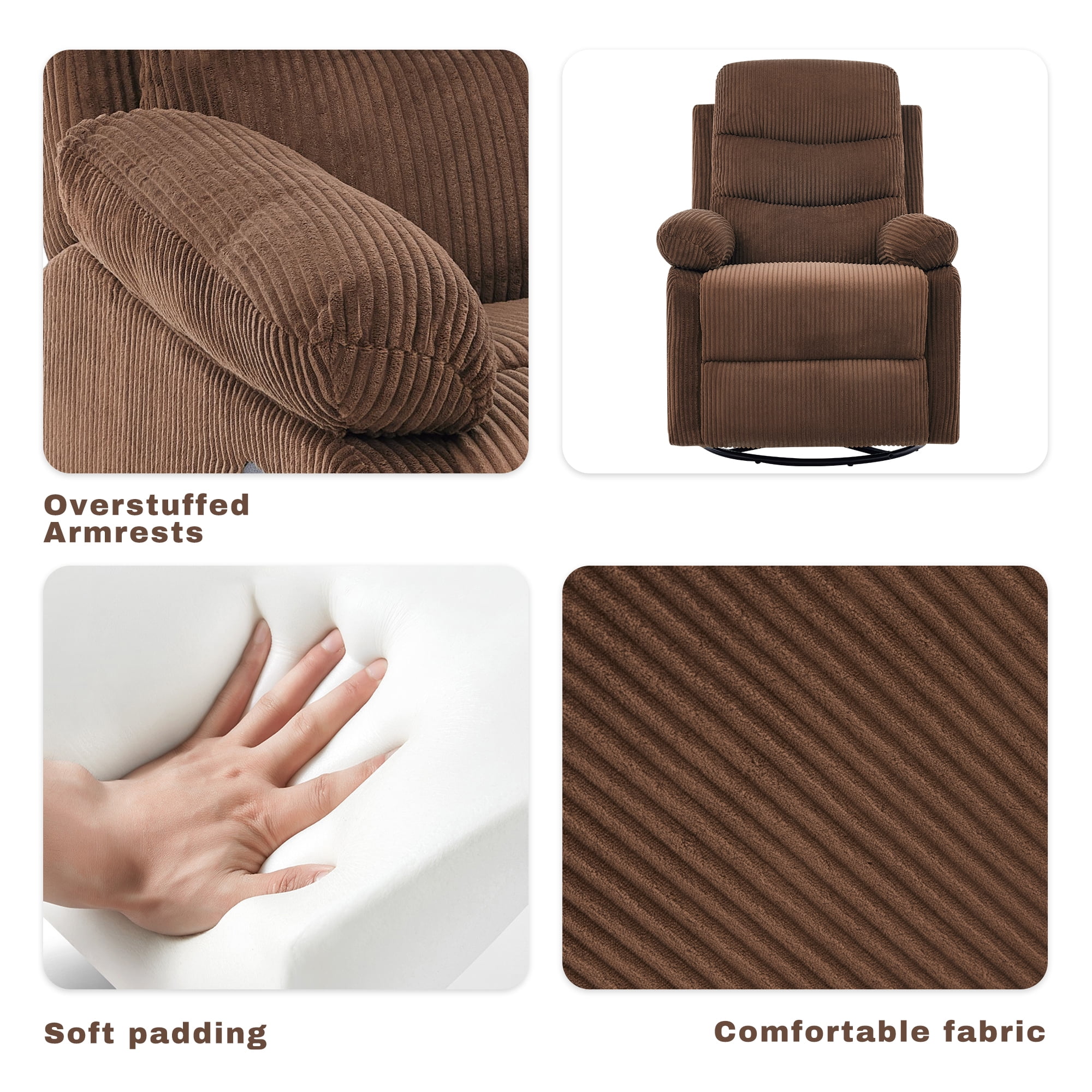 GAOHAPY Rocking Recliner Chair,Modern Swivel Glider Recliner Chair,Corduroy Fabric Upholstery Recliner,Manual Reclining Sofa Chair for Living Room,Office,Apartment,Brown