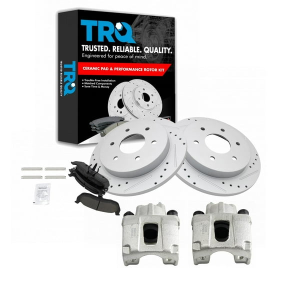 TRQ Rear Performance Brake Pad & Rotor Kit Brake Caliper Brake Pads Brake Rotors Set Ceramic Fits Select 2004-2010 INFINITI QX56 2005-2015 Nissan Armada 2004 Pathfinder Armada 2004-2015 TITAN