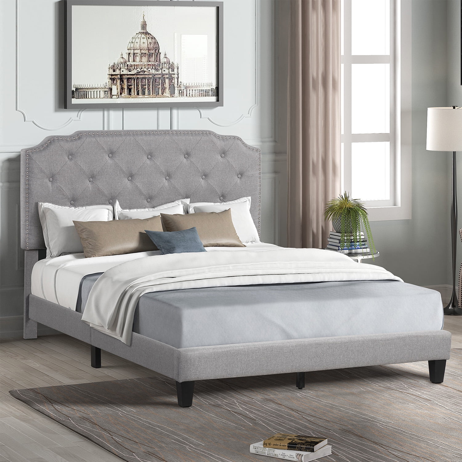 Kadyn Full Bed Frame with Headboard, Full Size Fabric Upholstered Platform Bed Frame, Mattress Foundation with Wooden Slats Support, No Box Spring Needed, Light Gray