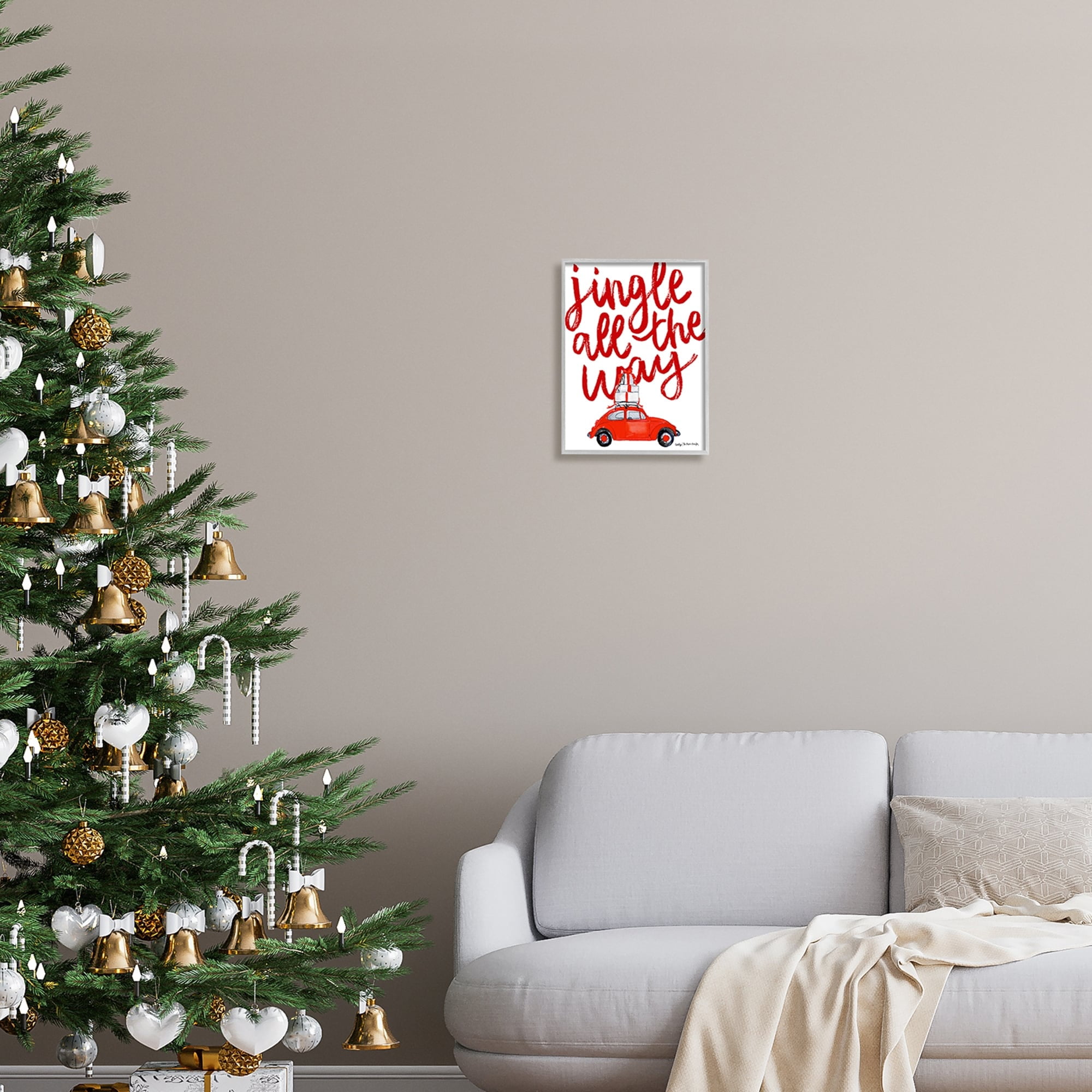 Stupell Industries Jingle All The Way Holiday Gifts Red Car Driving Graphic Art Gray Framed Art Print Wall Art, Design by Cecily Moore