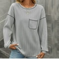 thumbnail image 6 of Women's Long Sleeve Blouses Women's Stripe Brushed Solid Color Round Neck Pocket Casual Loose T-shirt Long Sleeved Round Neck Top, S-2XL, 6 of 7