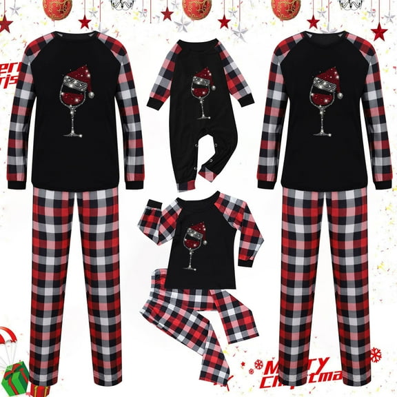 Odeerbi Christmas Pajamas for Family Holiday Plaid Long Sleeve Family Christmas Pajamas Matching Sets Infant Print Parent-child Suit Two-Piece Sleepwear Xmas Family Matching PJs Set Black