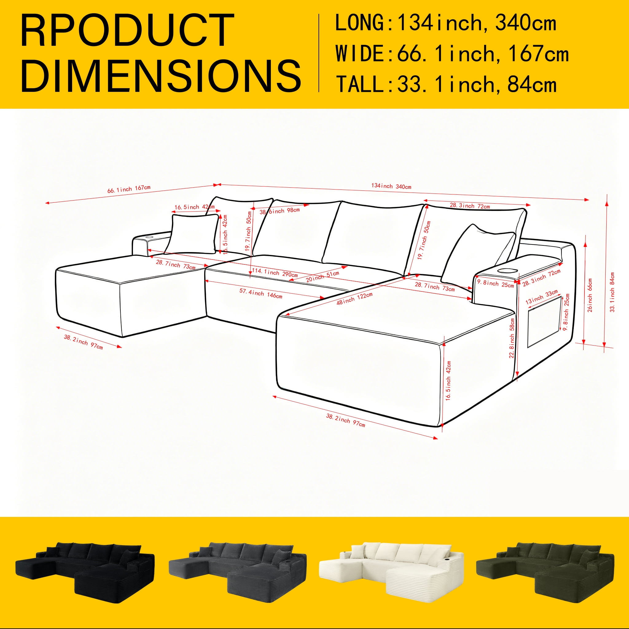 134" Cloud Sectional Sofa with U-Shape Chaise and Side Pockets and Cup holder, Modern Modular Design, No Assembly Required (Plush)Black