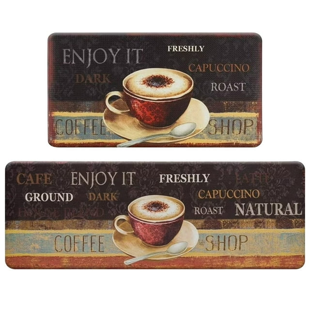 HUASHENG Coffee Kitchen Rug Set 2 Pieces Cushioned Anti Kitchen Floor Mats Comfort Standing Kitchen Mat Mat