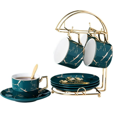 

Serve Of 4- Hand Printed Golden Matte Ceramic Marble Tea Coffee/Tea Cups With Spoons And Cup Holder 7OZ -TCS26 (Green/Gold Serve Of 4)