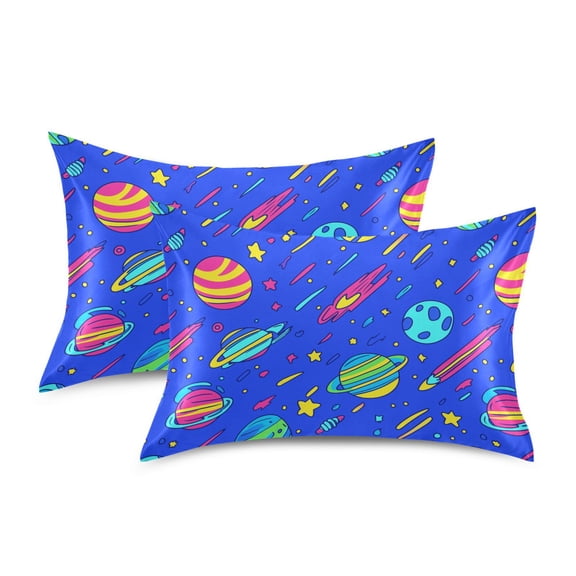 Yayeee Pillowcase Standard Size Set of 2 Satin Wrinkle Resistant Envelope Pillow Case, Colorful Cartoon Planets