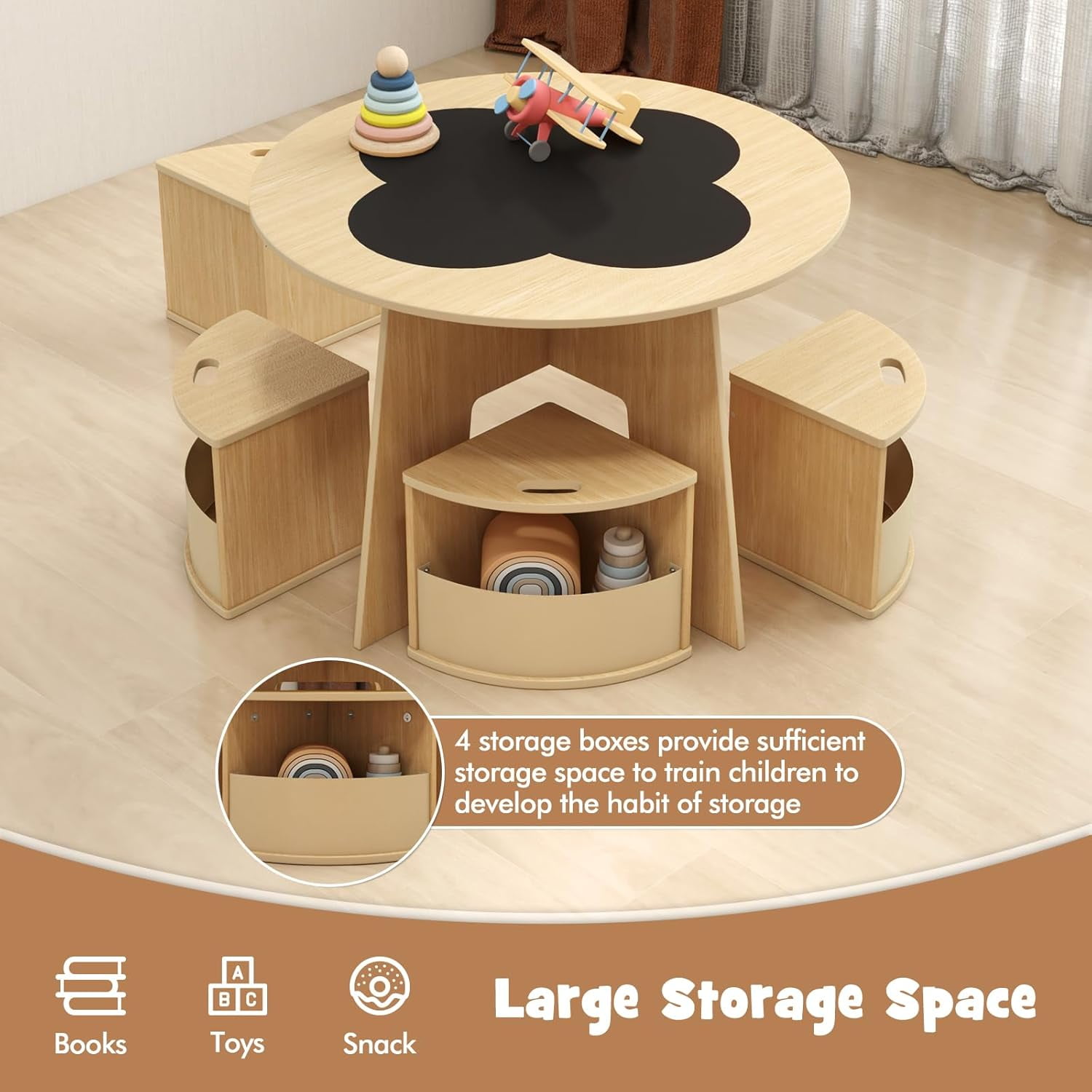 OLAKIDS Toddler Table and Chair Set with 4 Storage Stools, Wooden Flower Shaped Nesting Table with Blackboard Drawers, Children Multi-Activity Table for Art Crafts Draw Read Boys Girls 3+