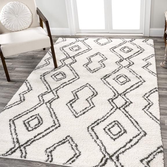 JONATHAN Y MOROCCAN HYPE 3 x 5 Area Rug, Deia Moroccan Style Diamond Shag - White/Gray, MOH401A-3