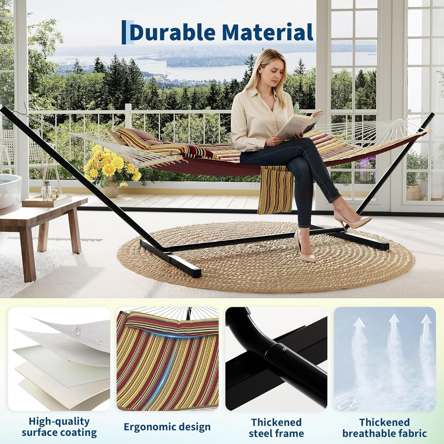 Garvee Double Hammock with Stand, Heavy Duty with Balance Rope, Red & Yellow Stripes
