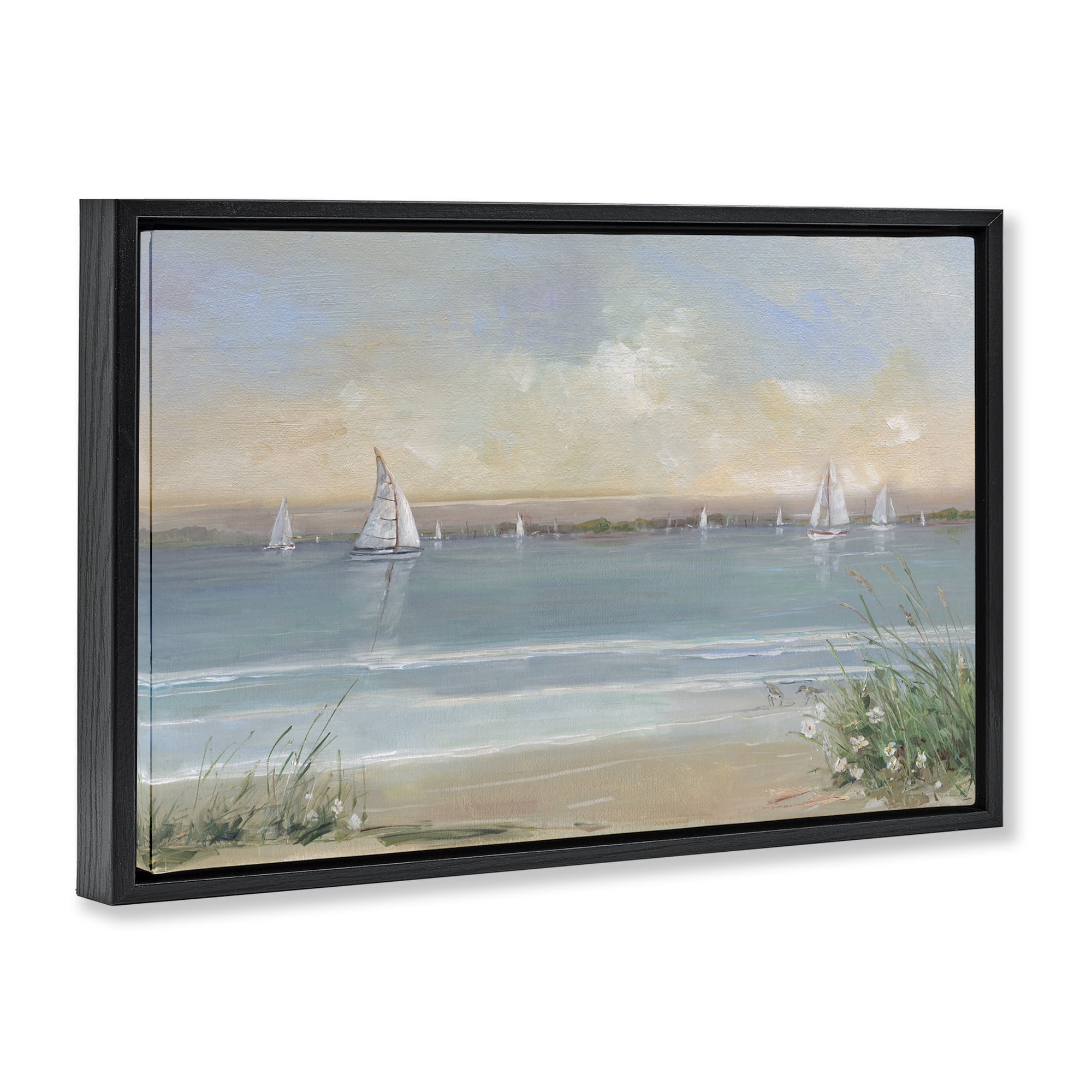 Stupell Industries Coastal Sailing At Dawn Black Framed Floater Canvas Wall Art, design by Sally Swatland