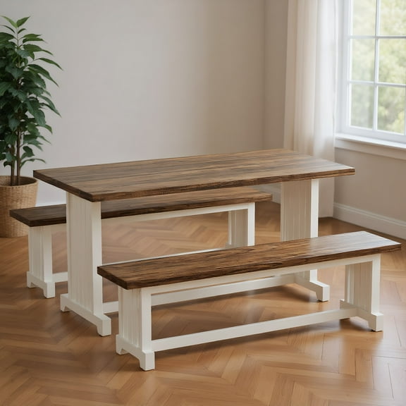 Topcobe Farmhouse Dining Table Set, 47" Kitchen Table with 2 Benches, Modern Furniture for Indoor