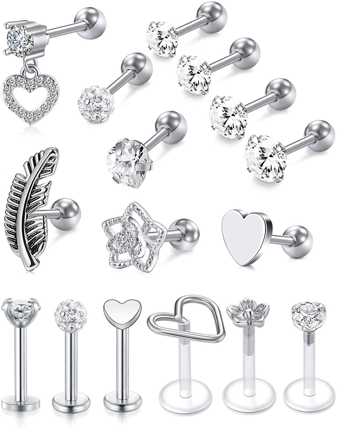 Briana Williams 16G Tragus Cartilage Helix Earring Stud Stainless Steel Heart Star Flower CZ Stud Earrings Forward Helix Piercing Jewelry for Men Women 