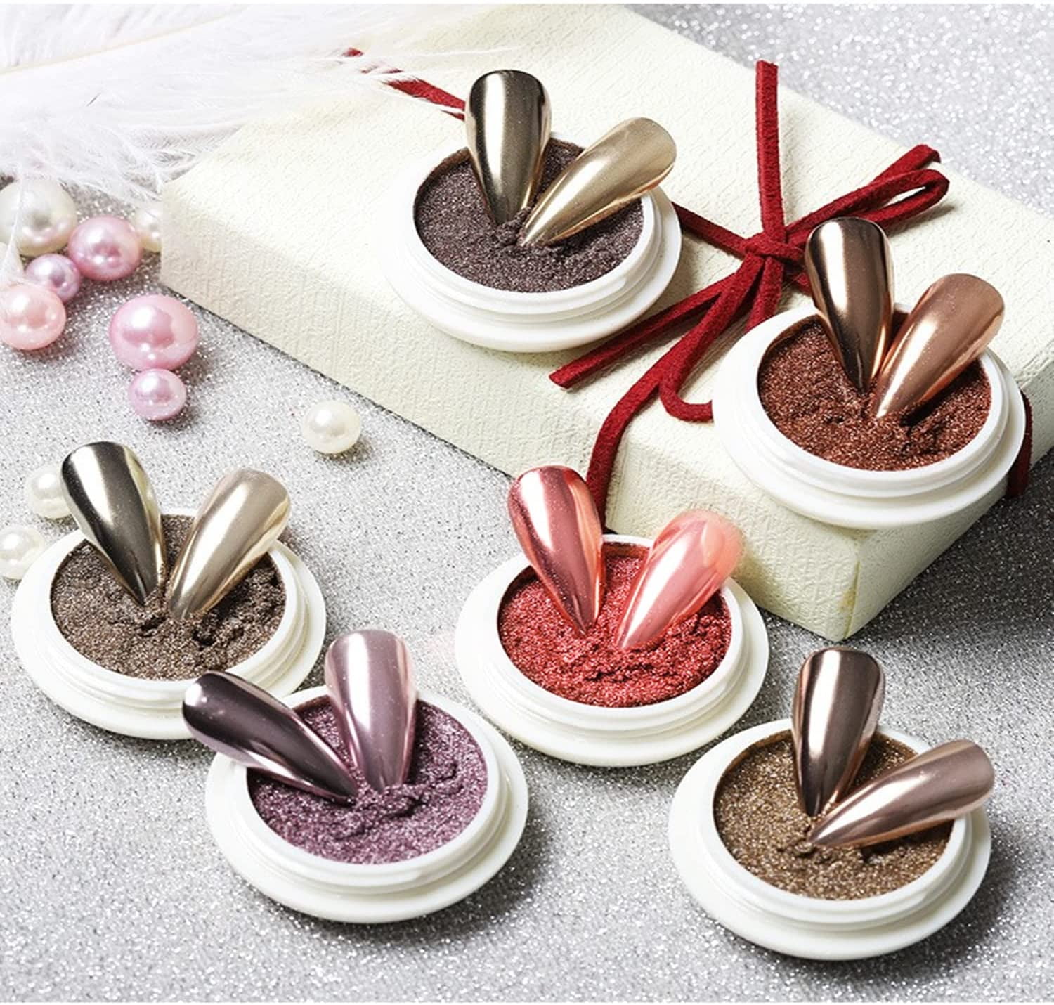 BISHENGYF 6 Box Rose Gold Chrome Nail Powder, Metallic Nail Art Pigment Powder Set, Shiny Nail Glitter Powder with Magic Mirror Effect for Nail Art Design Decoration.