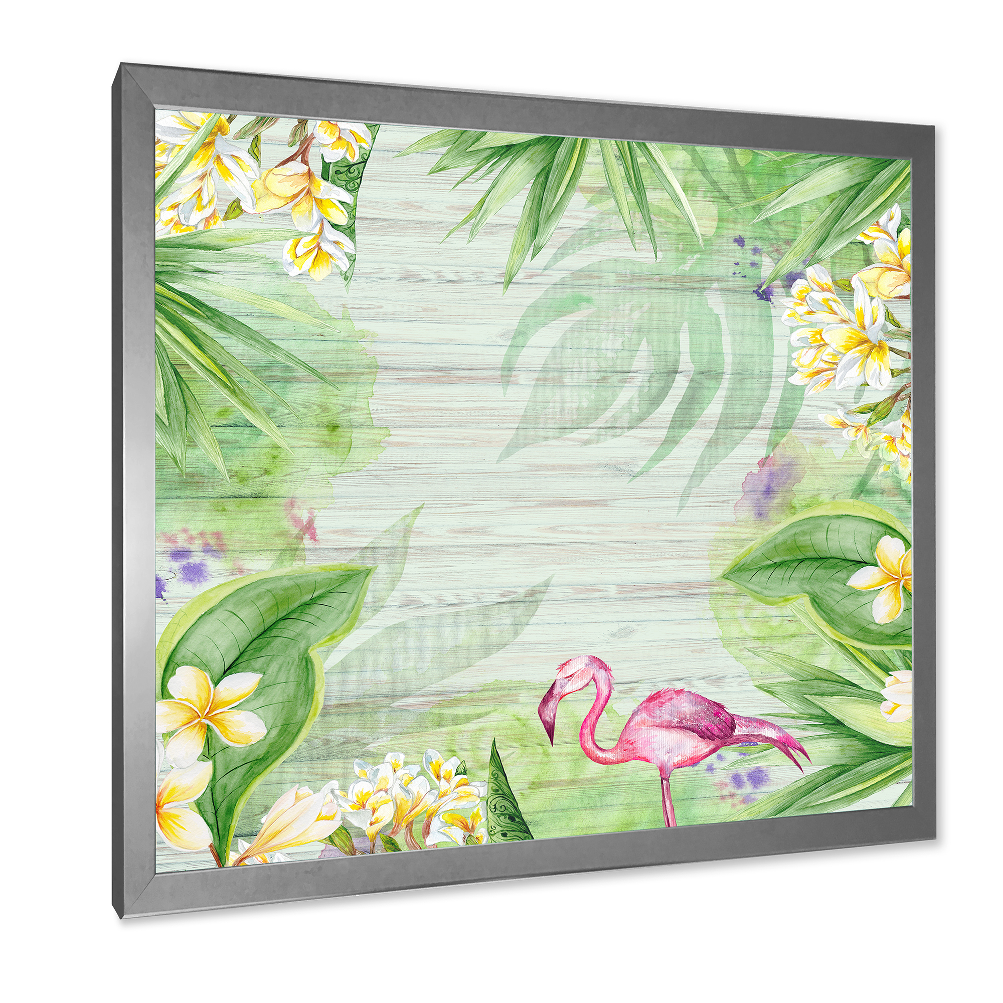 Designart 'Yellow Flowers, Tropical Foliage With Flamingo I' Modern Framed Art Print