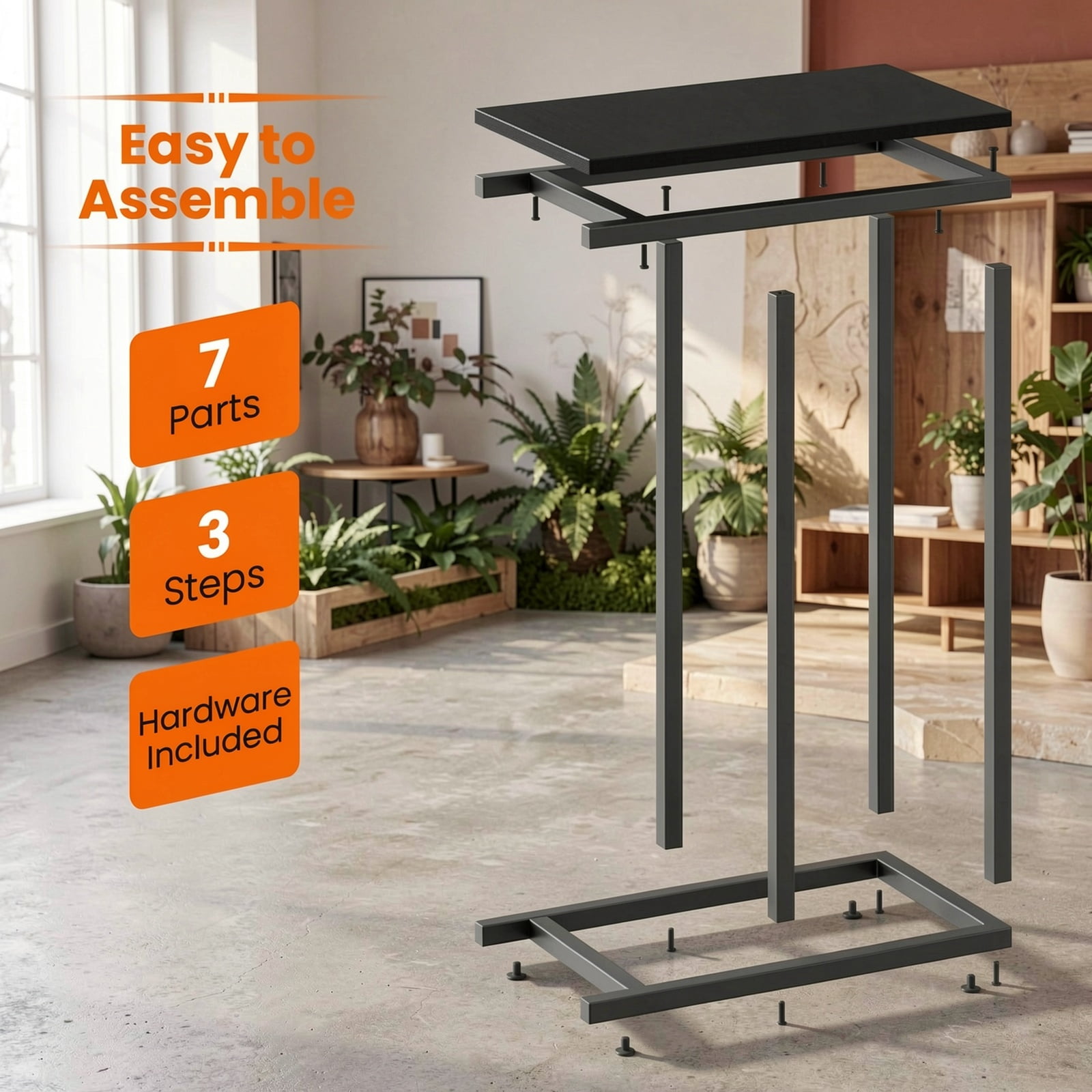 Furnibear C-Shaped End Table, Narrow Side Table for Sofa and Couch with Heavy-Duty Metal Frame, Space-Saving Snack Table for Living Room, Rustic Brown