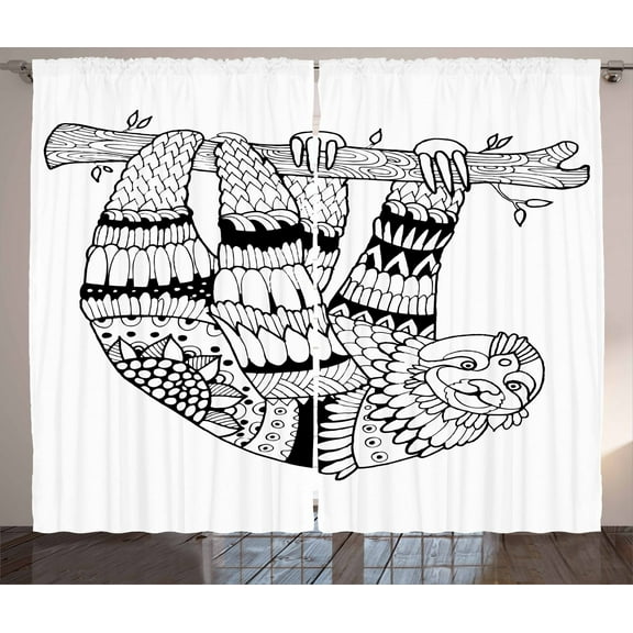 Ambesonne Sloth Curtains 2 Panel Set, Sloth, 108" x 108", Black White
