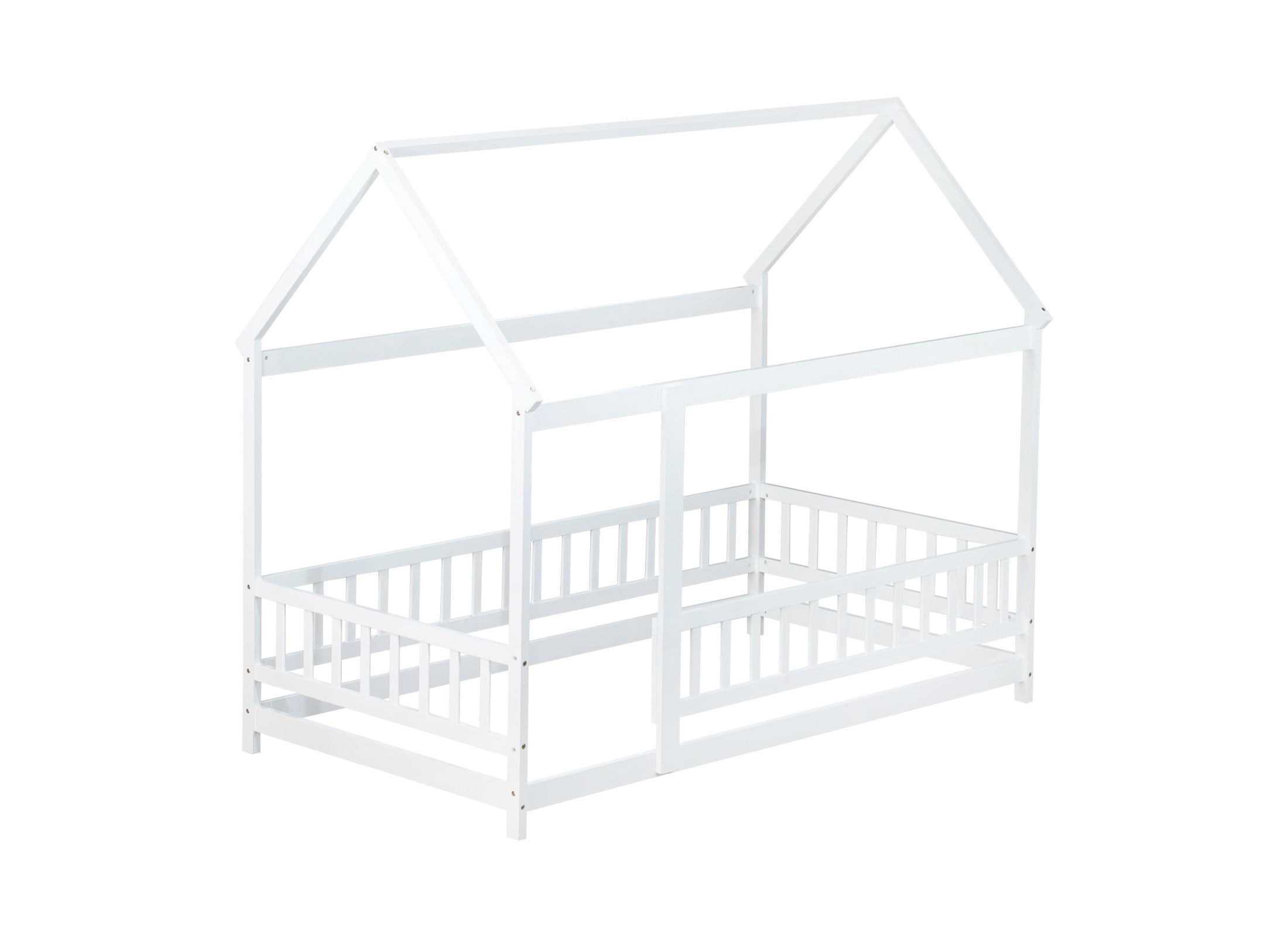 Aukfa Twin Size House Bed with Roof, Wood Floor Bed Frame with Fence for Kids Toddler, White