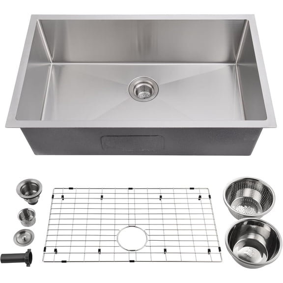 Évier de Cuisine Encastré en Acier Inoxydable 30x18x10 Po à Bol Unique 304, Fait à la Main, Résistant aux Rayures, Atténuation du Son, Drainage Efficace pour Maison, Bar, Buanderie
