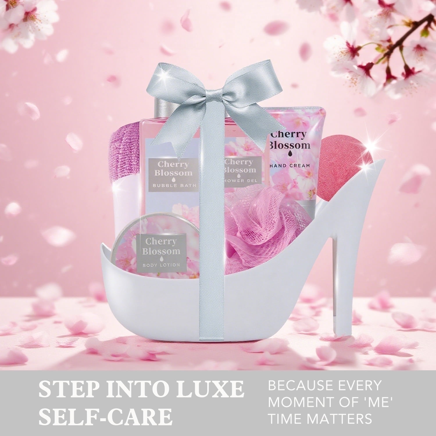 Spa Luxetique Gift Baskets for Women, 8 Pcs Cherry Blossom Birthday Gifts Ideas for Mom, Bath and Body Gift Sets for Her, Home Spa Kits