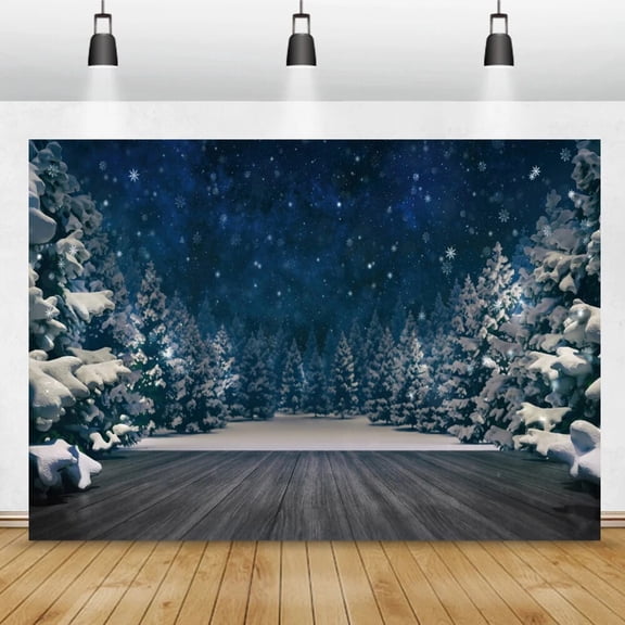 Winter Night Snowscape Forest Backdrop For Photography Wood Floor Snowflake Pine Tree Family Shoot Christmas Party Background
