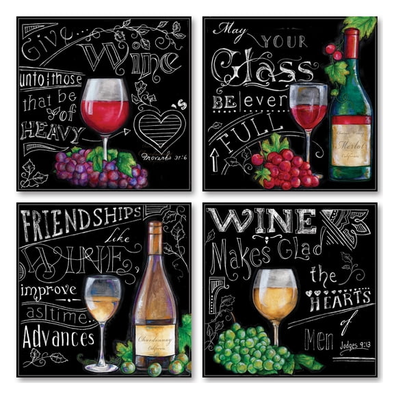 Black and White Inspirational Wine Quote Adult Kitchen Decor; 4 - 12" x 12" Unframed Posters