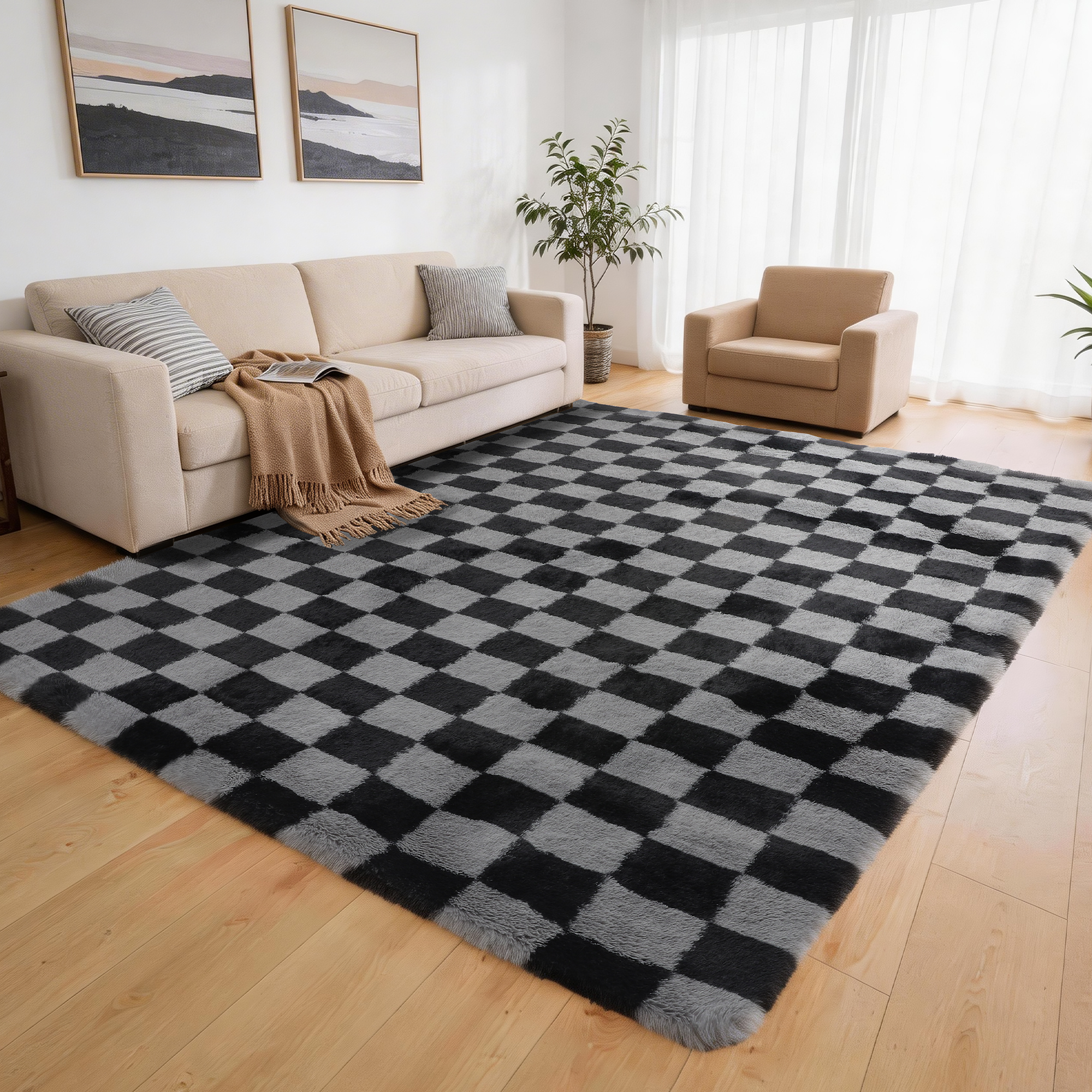 CozyDesg Shag Area Rugs,5'x8' Soft Fluffy Floor Rugs Checkered Carpet,Washable Area Rugs for Living Room Bedroom Decor,Black & Grey