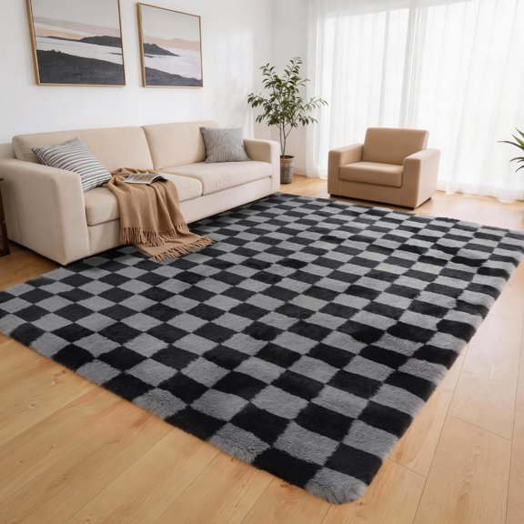 CozyDesg Shag Area Rugs,5'x8' Soft Fluffy Floor Rugs Checkered Carpet,Washable Area Rugs for Living Room Bedroom Decor,Black & Grey