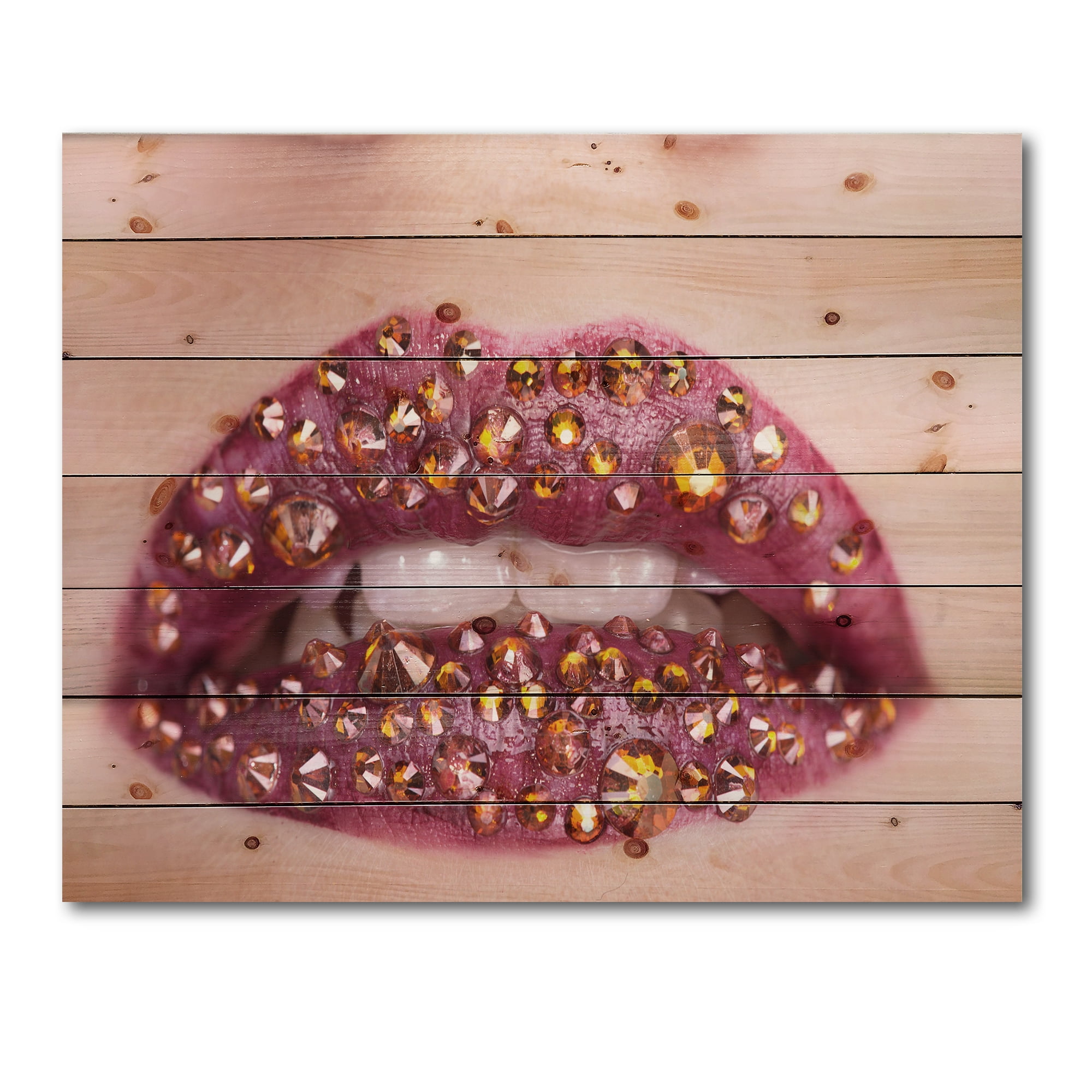 Designart 'Close-Up Of Girl Lips With Sequins' Modern Print on Natural Pine Wood
