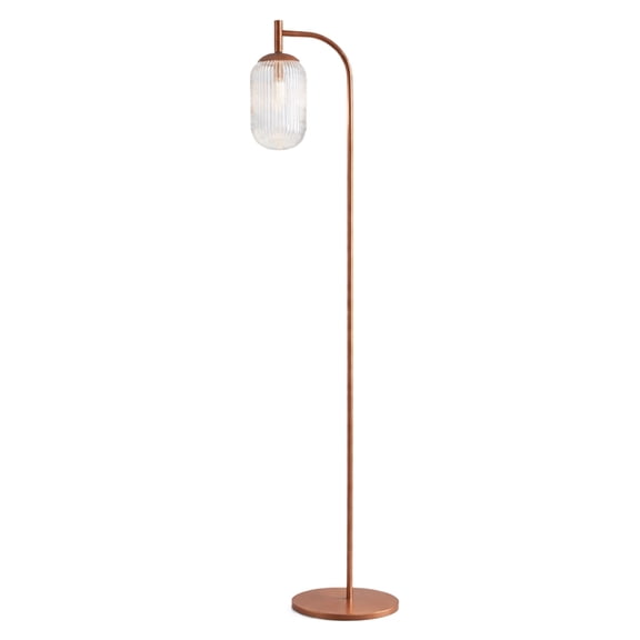 Retro Ribbed Glass Floor Lamp with Bronze Metal Arched Frame