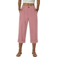 thumbnail image 4 of YUGYXL Capri Pants for Women Straight Leg Texture Pants Elastic Waist Button Capris with Pocket Summer Rolled Up Hem Pant Pink Pants XXL, 4 of 5
