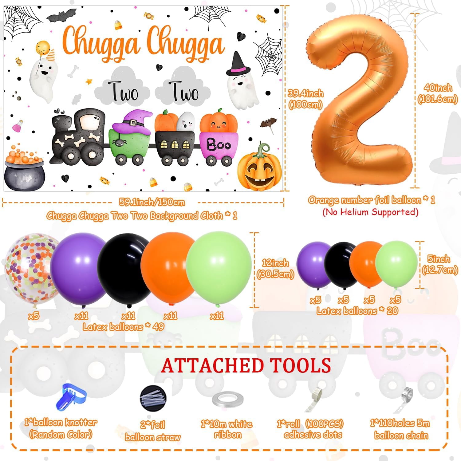 71Pcs Halloween Chugga Chugga Two Two Birthday Party Decorations Train Backdrop Orange Black Number 2 Halloween Balloon Garland Arch Kit Foil Balloon for Halloween 2nd Birthday Party Decor Supplies