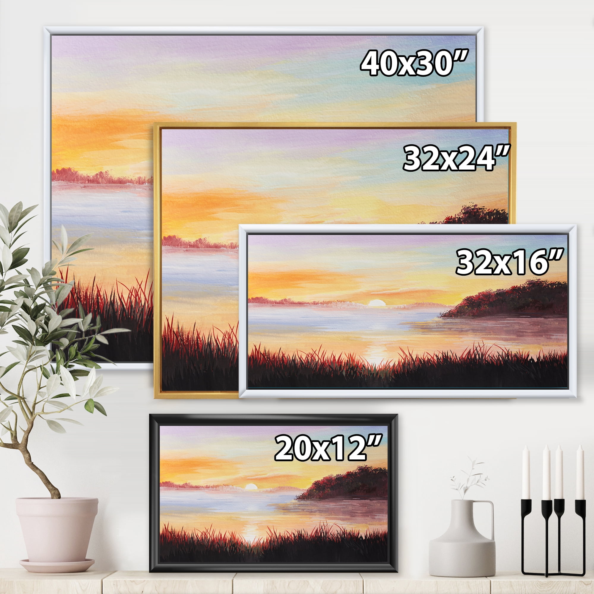 The Reeds On The Lake In Evening Glow 32 in x 24 in Framed Painting Canvas Art Print, by Designart