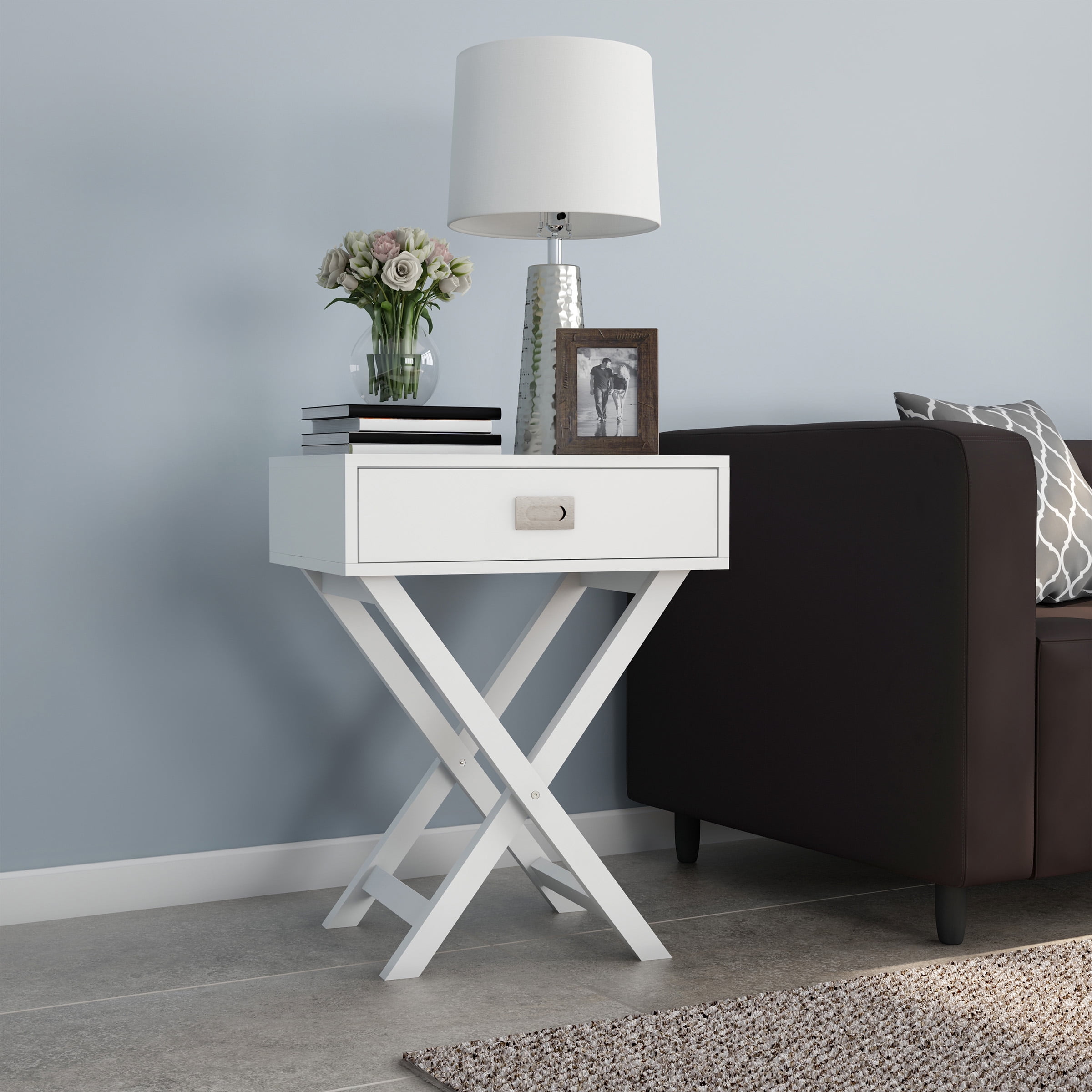 Somerset Home 1 Drawer X Leg End Table Modern White Nightstand Walmart Com Walmart Com