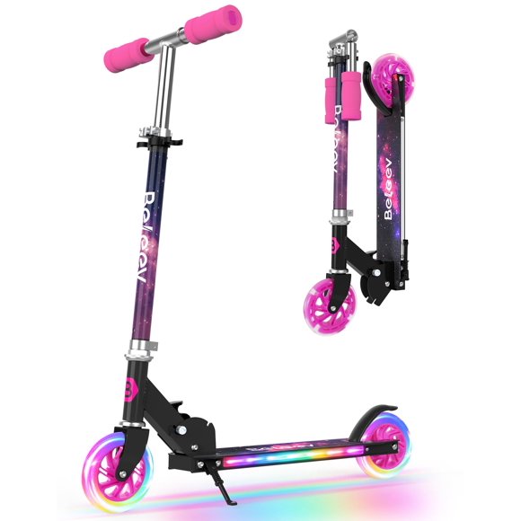 BELEEV Scooter for Kids Ages 3-12 with Light-Up Wheels & Deck, 2 Wheel Folding Kick Scooter for Girls and Boys, 3 Adjustable Height, Non-Slip Deck, L