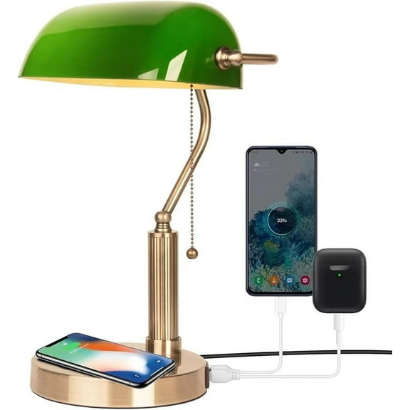 Bankers Lamp with2 USB and Wireless Charging Portļ¼Pull Chain Switch Green Glass Desk Lampļ¼ E26 Base,Traditional Library Desk Lamps for Home Office,Bedroom,Piano