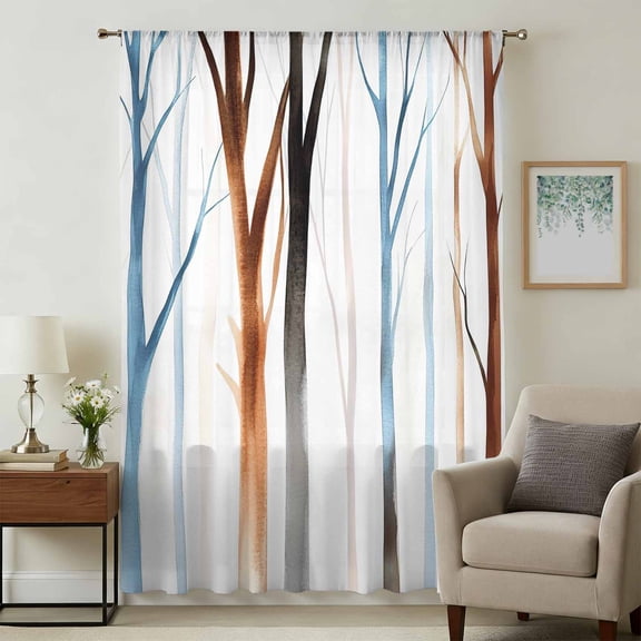 Blue Brown Tree Sheer Curtains 63 Inches Long, Watercolor Forest Art Light Filering Curtains, Breathable Simi Curtain Privacy Drapes for Living Room Bedroom Lightweight Window Treatment