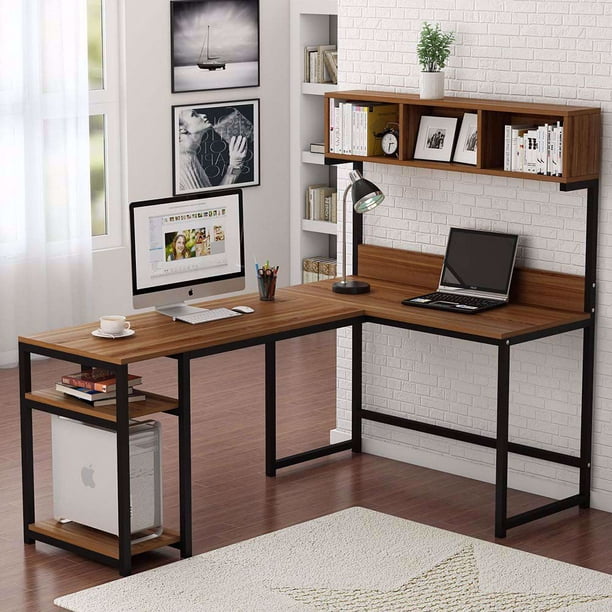 Tribesigns L Shaped Desk With Hutch 68 Inches Corner Computer Desk Gaming Table Workstation With Storage Bookshelf For Home Office Dark Walnut Walmart Com Walmart Com