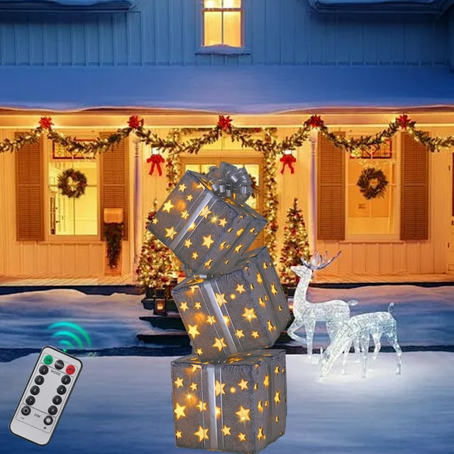 Christmas Light Box Remote Control Set Of 3 LED Gift Box Decoration Outdoor Elevated Christmas Box Gift Decoration Indoor Outdoor Terrace