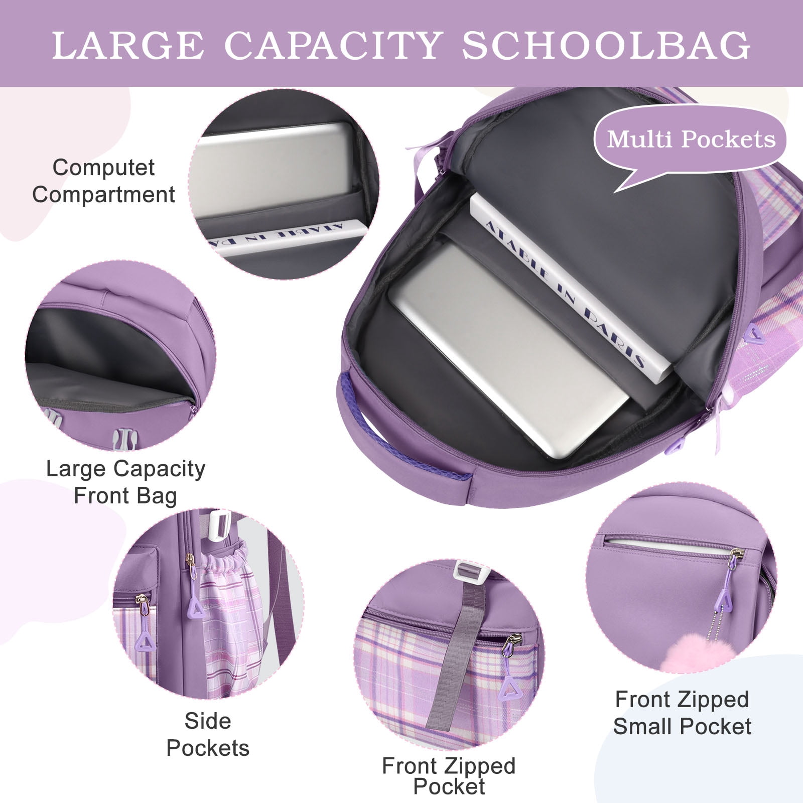 DAKIMOE Purple School Backpack for School, Travel, Work, Large Capacity Waterproof Bookbag with 7 Compartments and Luggage Belt