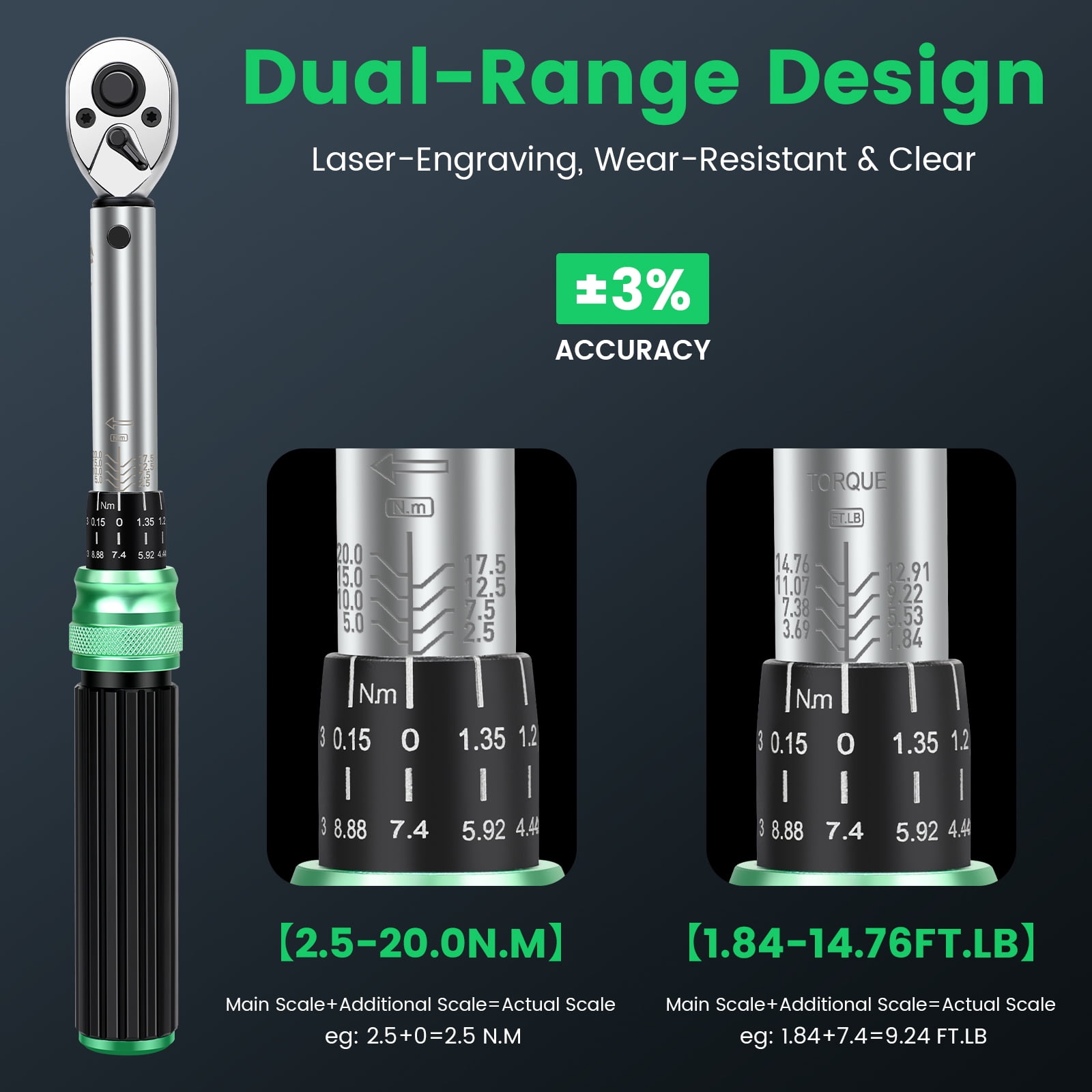 32-Piece 1/4" Torque Wrench Set 1.84–14.76 ft-lbs/2.5–20 N.m, with Extension Bar, Adapter, Bits & Portable Case for Bicycle, Motorcycle, Car Maintenance