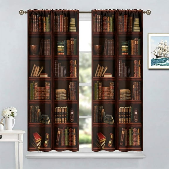 Bookshelf Blackout Curtains, Retro Wood Antique Bookshelf Book Lover Library Learning Education Bookcase Print Rod Pocket Window Treatments Drapes for Bedroom Living Room84x84in